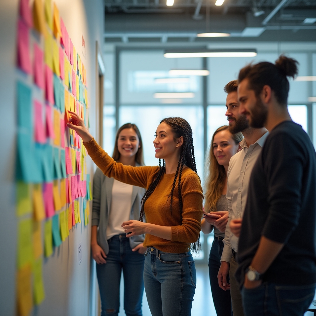 Equipo participando de una sesión de generación de ideas con notas adhesivas en una pared